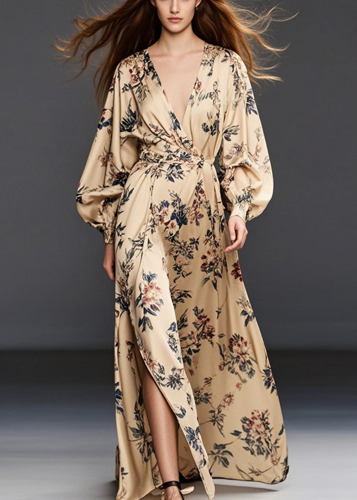 Khaki Print Side Open Chiffon Long Dress Spring