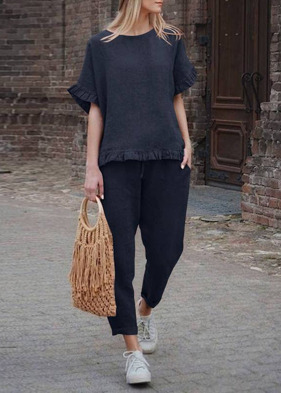 Khaki Ruffled Patchwork Top and Crop Pants Two Pieces Set Short Sleeve