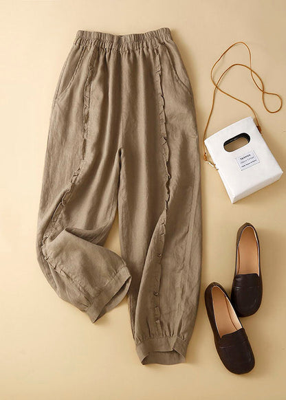 Khaki Ruffled Pockets Linen Crop Pants Trousers Summer