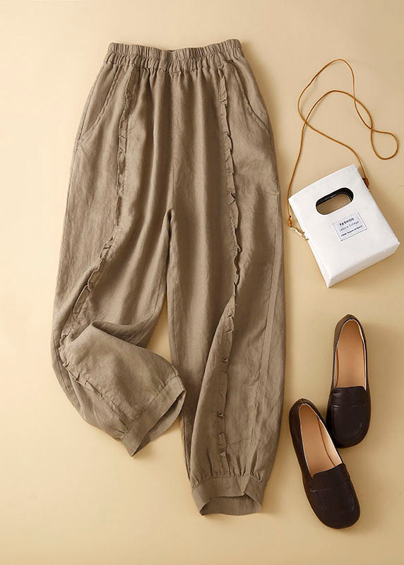 Khaki Ruffled Pockets Linen Crop Pants Trousers Summer