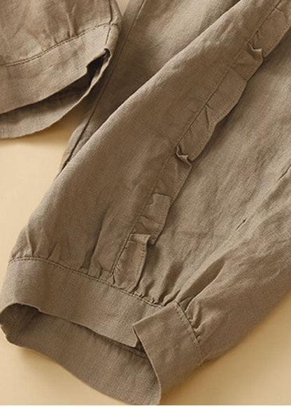 Khaki Ruffled Pockets Linen Crop Pants Trousers Summer