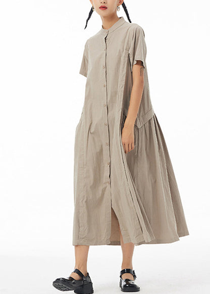Khaki Stand Collar Button Cotton Long Shirt Dress Summer