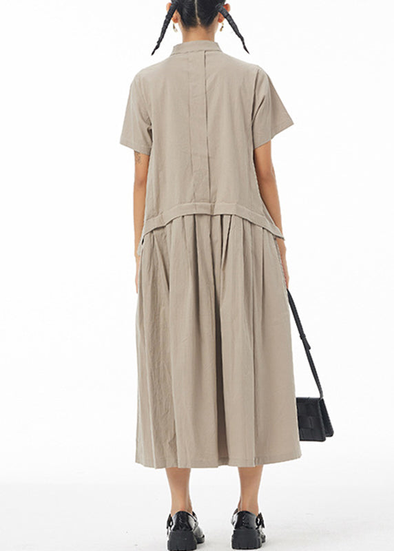 Khaki Stand Collar Button Cotton Long Shirt Dress Summer