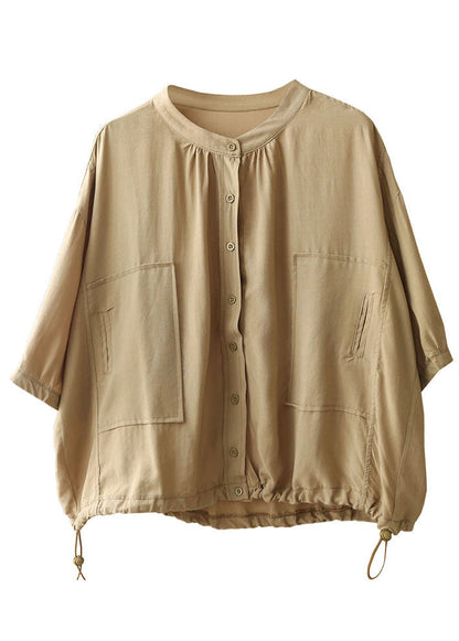 Khaki Stand Collar Drawstring Button Silk Shirt Top Bracelet Sleeve
