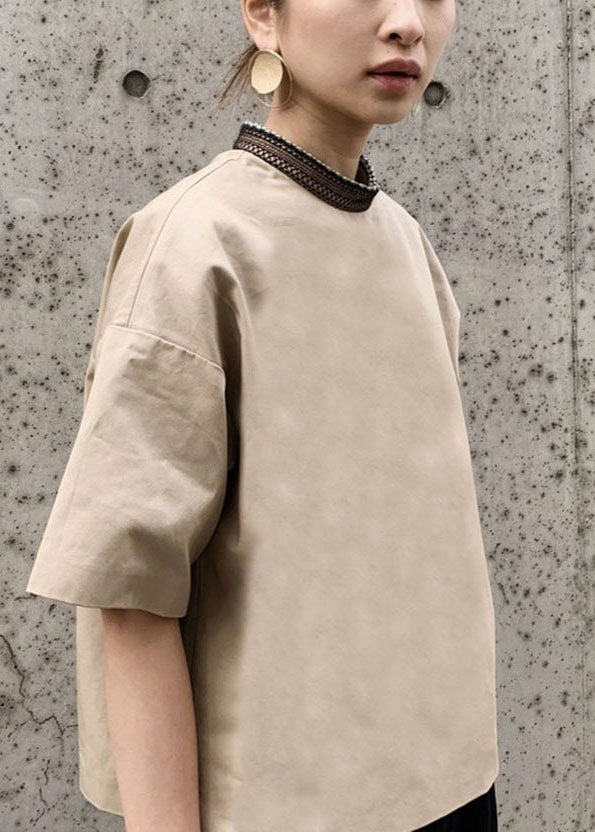 Khaki Stand Collar Oversized Patchwork Cotton Tank Short Sleeve