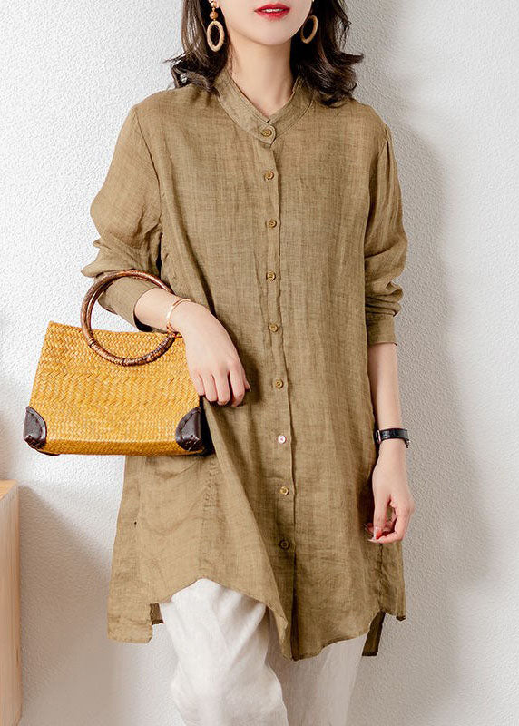 Khaki Stand Collar Patchwork Button Linen Top Spring
