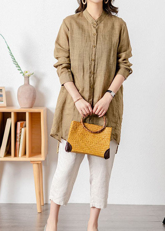 Khaki Stand Collar Patchwork Button Linen Top Spring