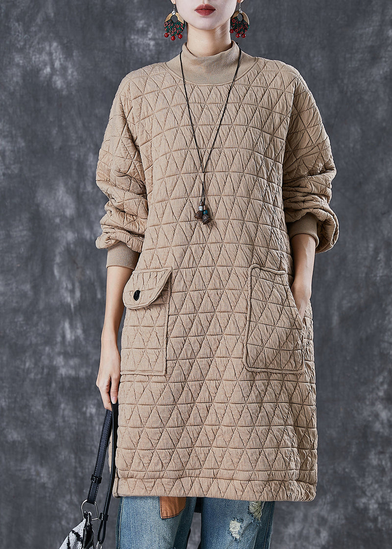 Khaki Stand Collar Pockets Fine Cotton Filled Loose Sweatshirt Dress Winter