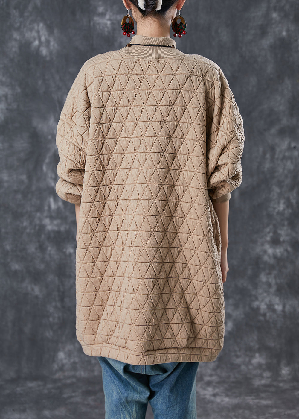 Khaki Stand Collar Pockets Fine Cotton Filled Loose Sweatshirt Dress Winter