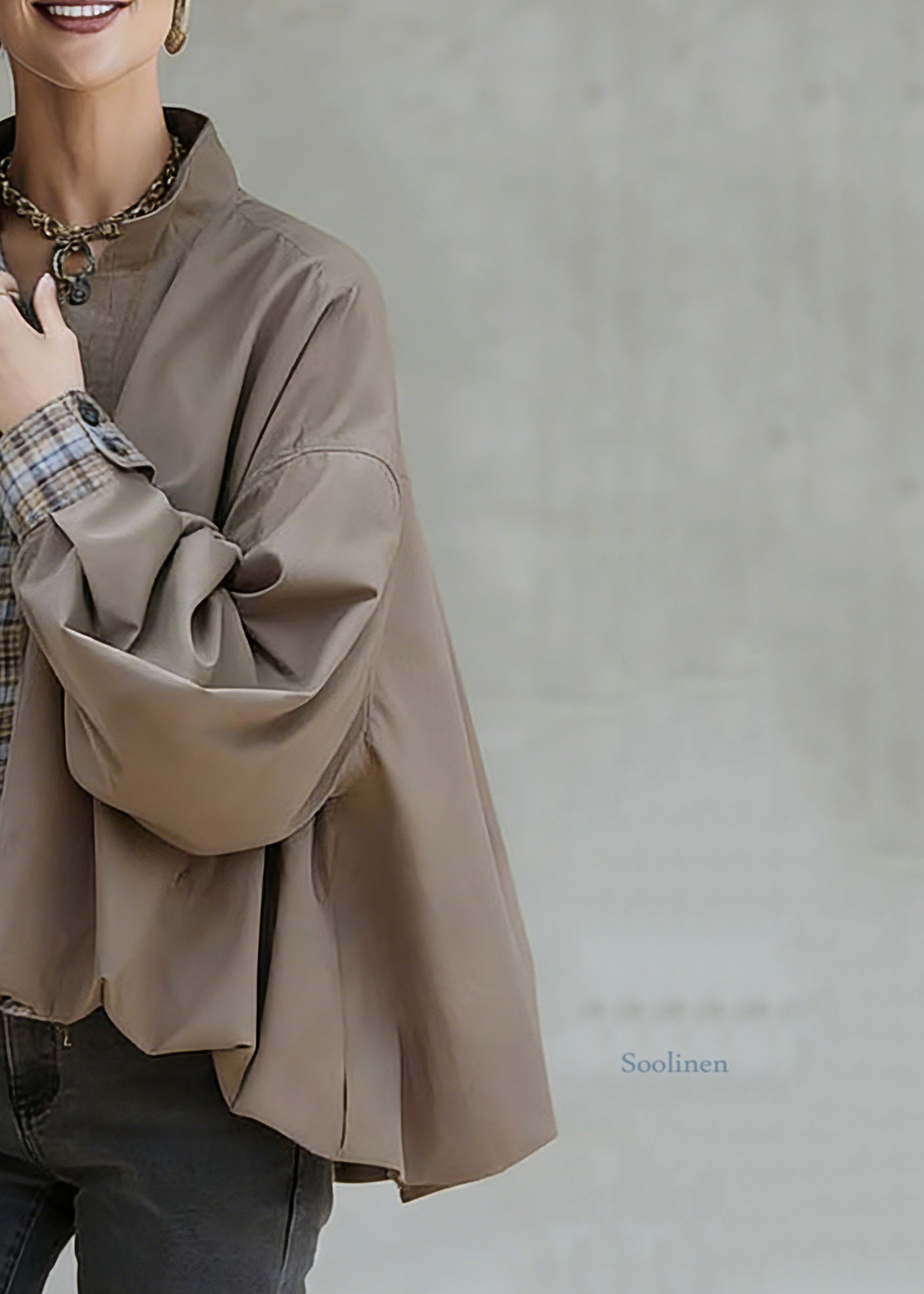Khaki Stand Collar Pockets Patchwork Low High Design Coat Spring