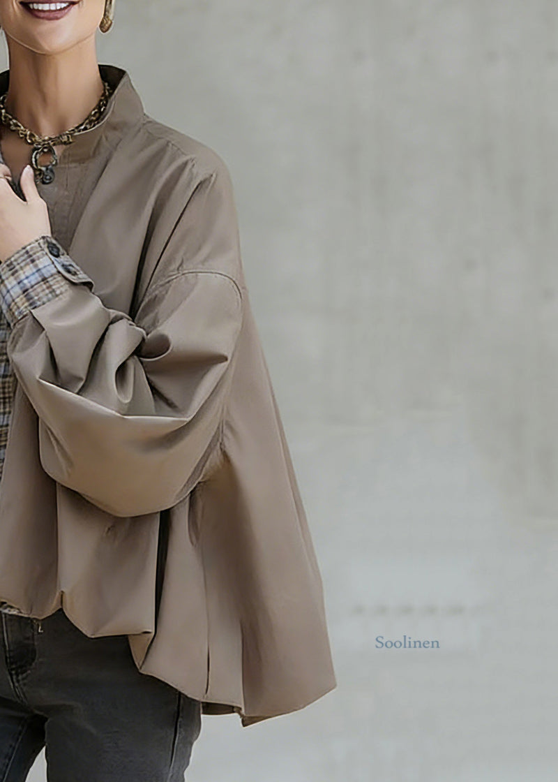 Khaki Stand Collar Pockets Patchwork Low High Design Coat Spring