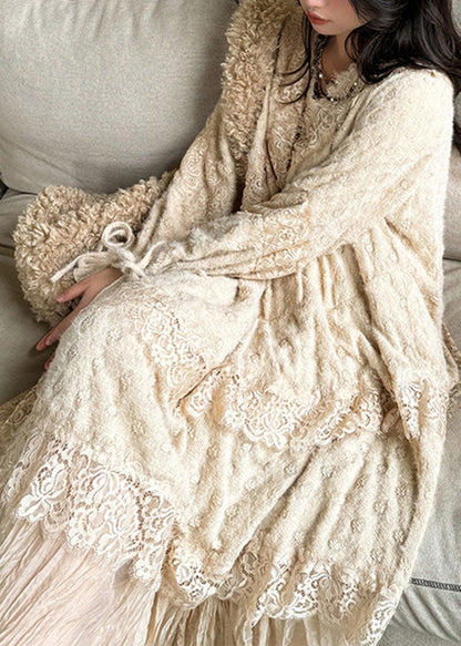Khaki V Neck Asymmetrical Patchwork Lace Dress Spring