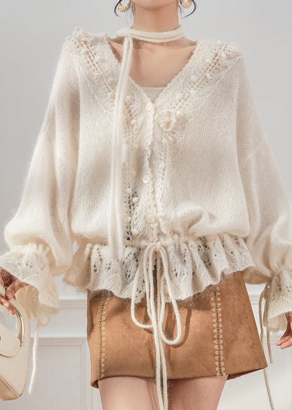 Khaki V Neck Drawstring Cozy Knit Cardigan Flare Sleeve