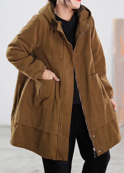 Khaki Drawstring Pockets Cotton Filled Parka Winter
