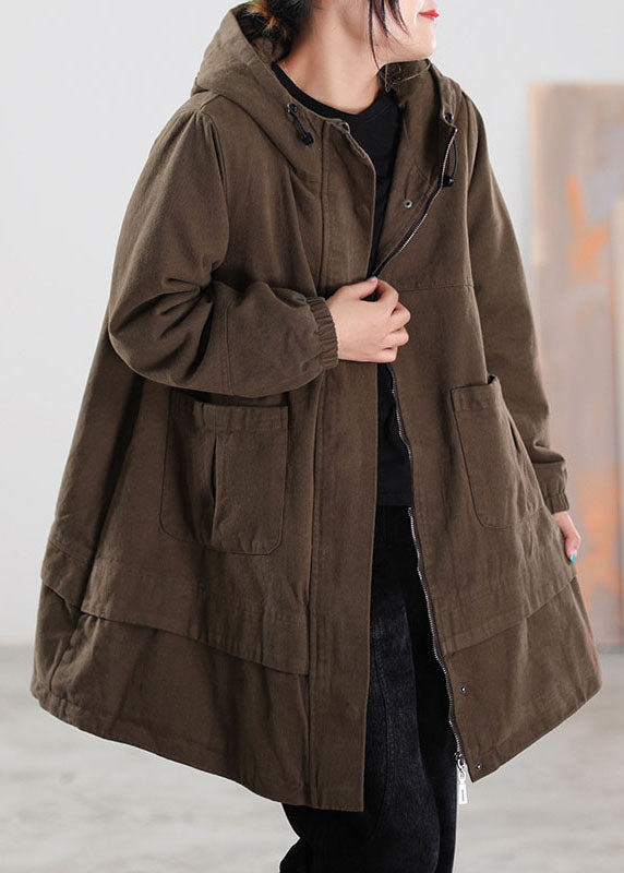 Khaki Drawstring Pockets Cotton Filled Parka Winter