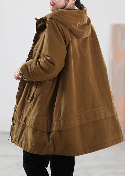 Khaki Drawstring Pockets Cotton Filled Parka Winter