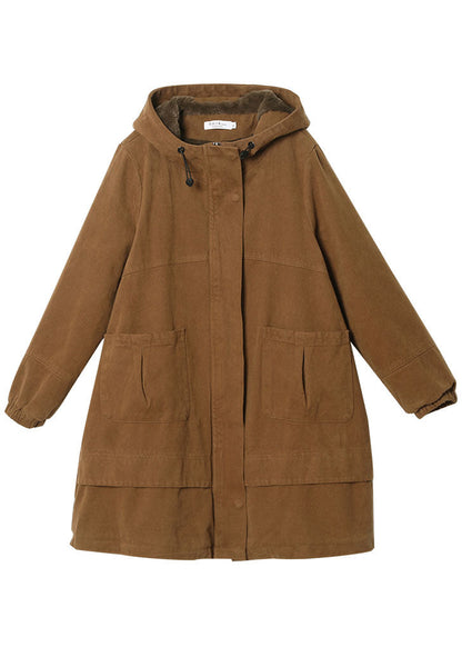 Khaki Drawstring Pockets Cotton Filled Parka Winter