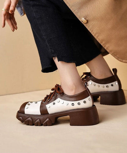 Lace Up Chunky High Heels Brown Cowhide Leather Loafers for
