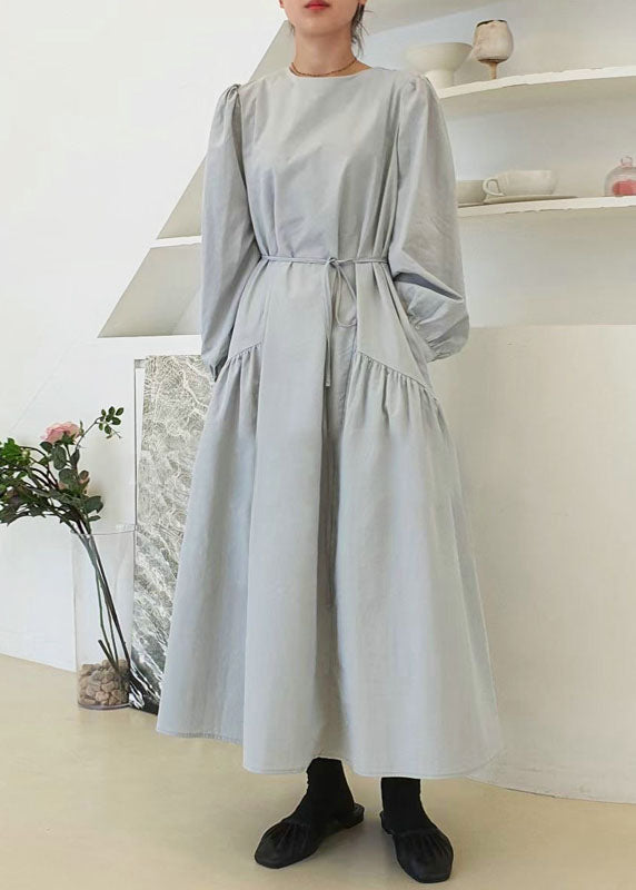 Light Blue O Neck Patchwork Wrinkled Cotton Dress Puff Sleeve