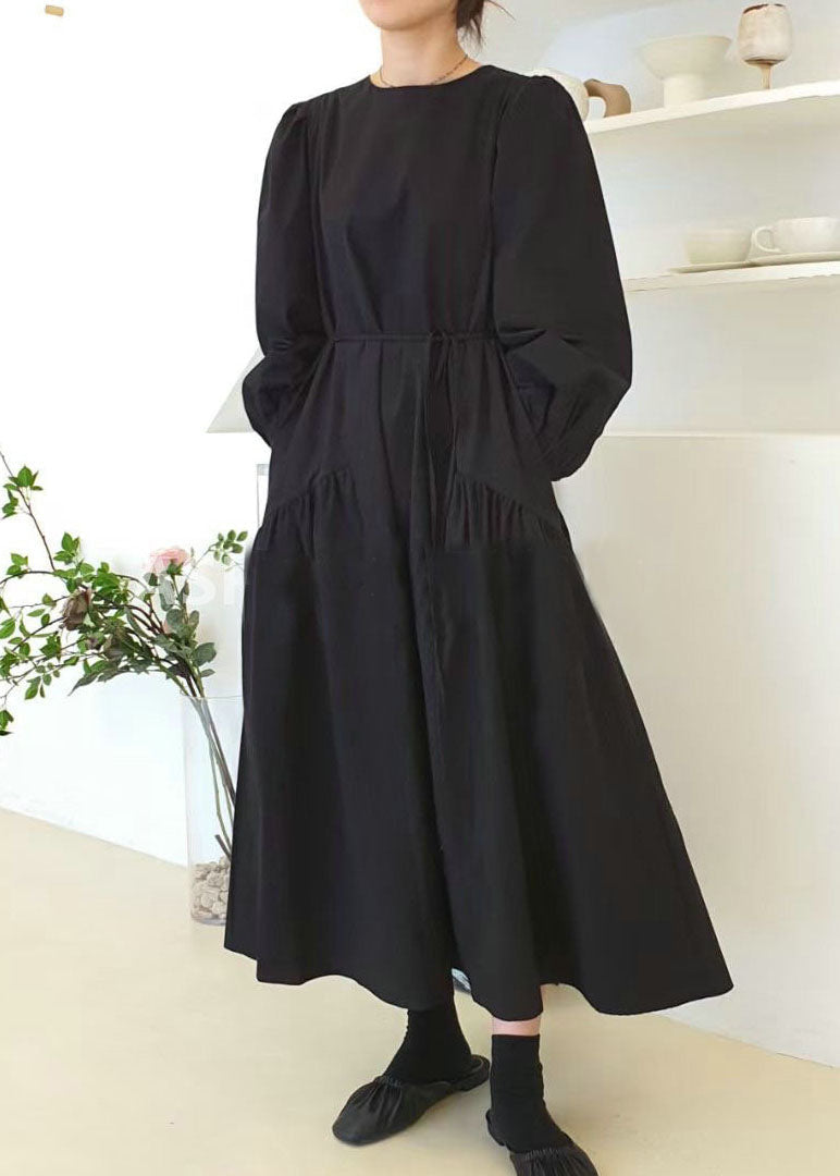 Light Blue O Neck Patchwork Wrinkled Cotton Dress Puff Sleeve