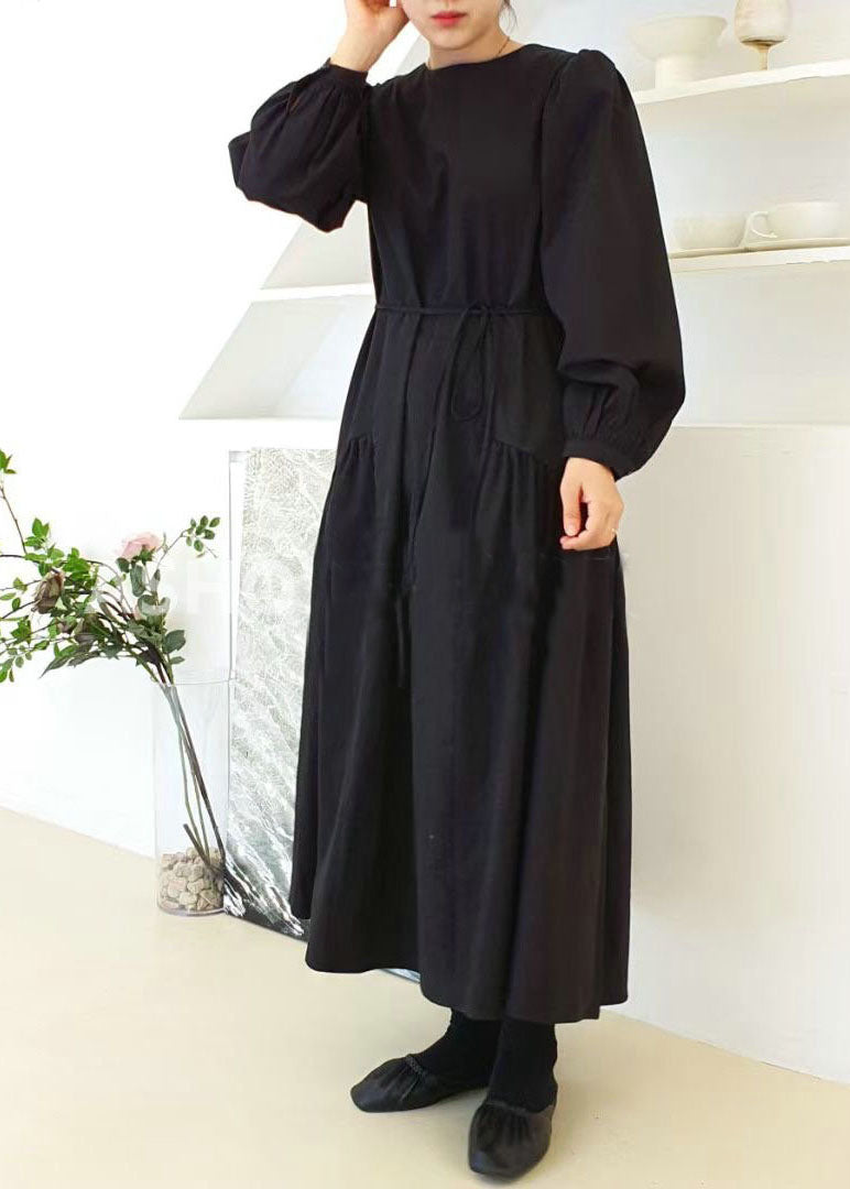 Light Blue O Neck Patchwork Wrinkled Cotton Dress Puff Sleeve