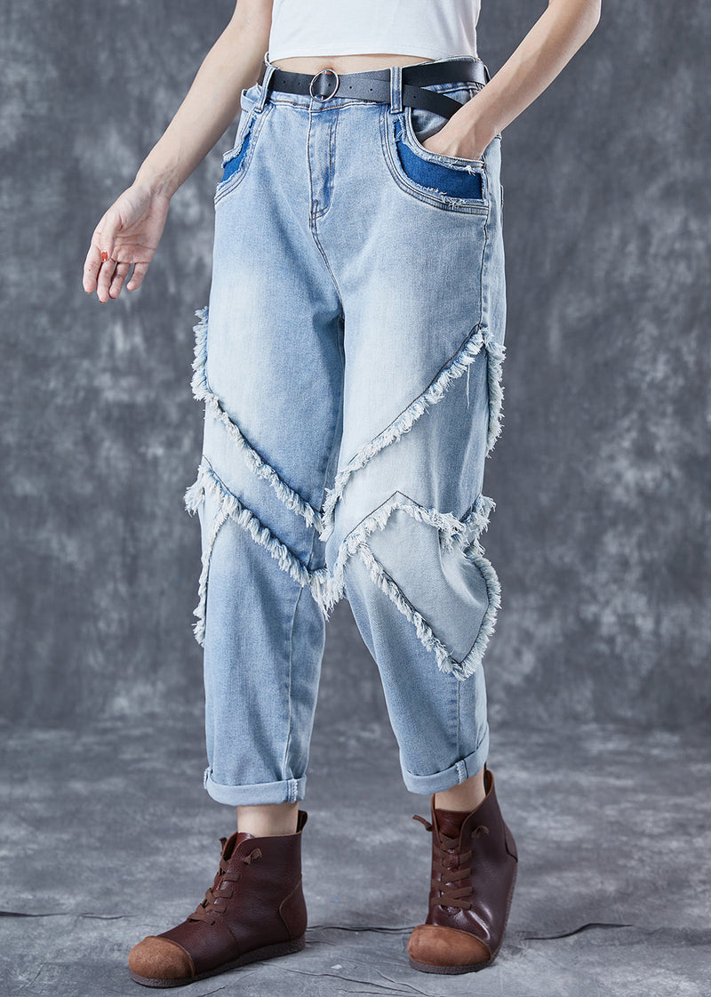 Light Blue Oversized Patchwork Tassel Denim Pants Summer
