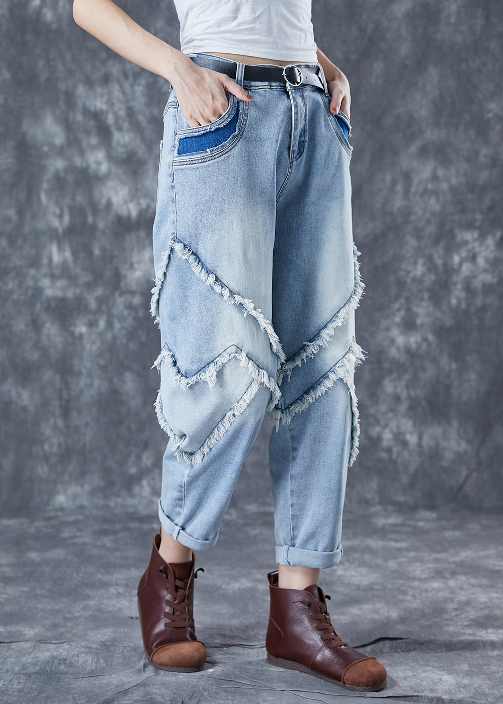 Light Blue Oversized Patchwork Tassel Denim Pants Summer