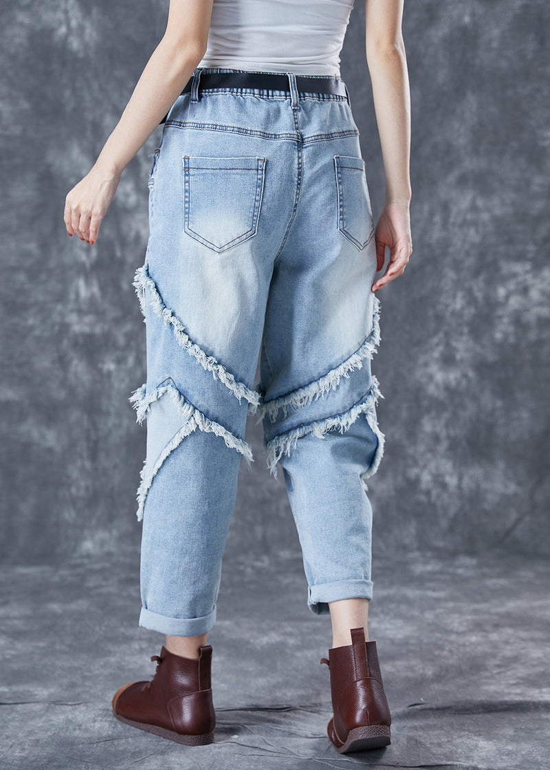 Light Blue Oversized Patchwork Tassel Denim Pants Summer