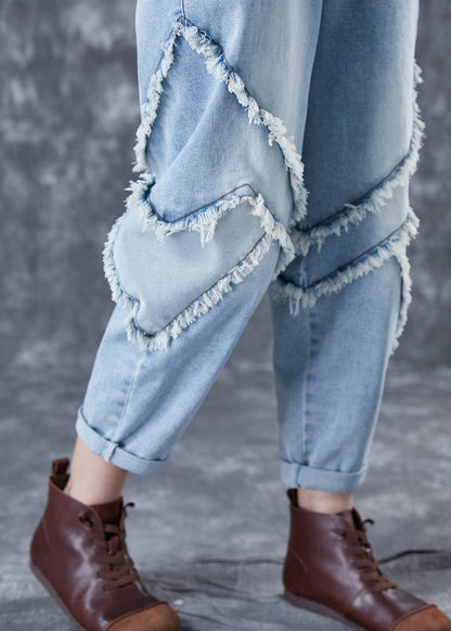 Light Blue Oversized Patchwork Tassel Denim Pants Summer