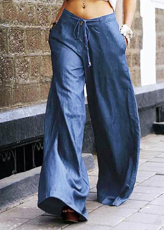Light Blue Pockets Lace Up Patchwork Denim Wide Leg Pants Summer