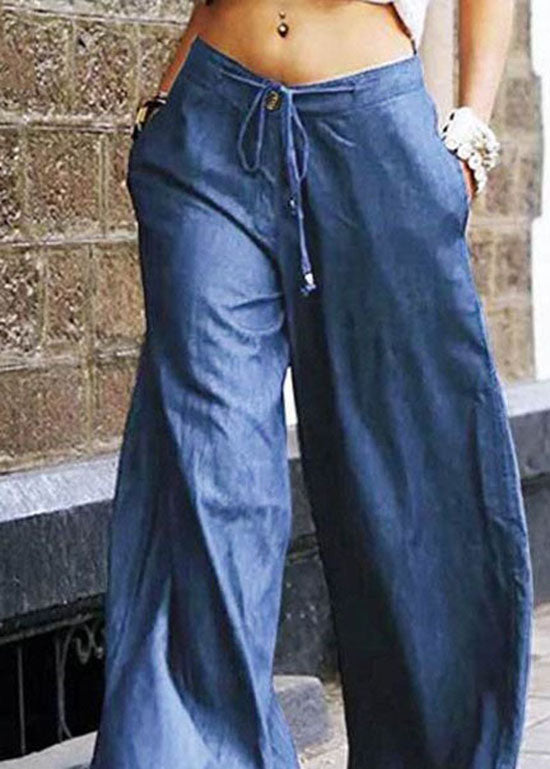 Light Blue Pockets Lace Up Patchwork Denim Wide Leg Pants Summer