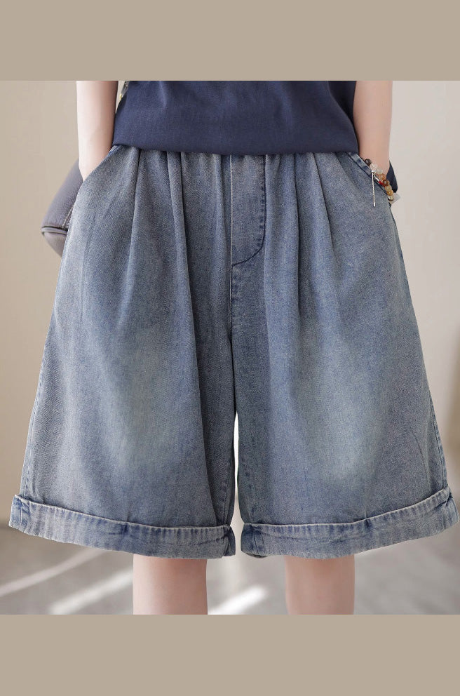 Light Blue Pockets Patchwork Cotton Denim Shorts