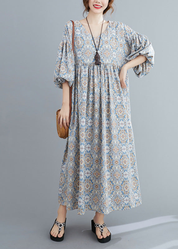 Light Blue Print Wrinkled Long Dresses Lantern Sleeve