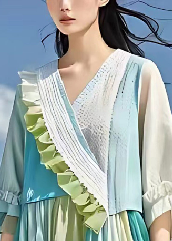 Light Blue Ruffled Patchwork Wrinkled Linen Dress Summer