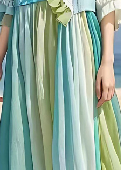 Light Blue Ruffled Patchwork Wrinkled Linen Dress Summer
