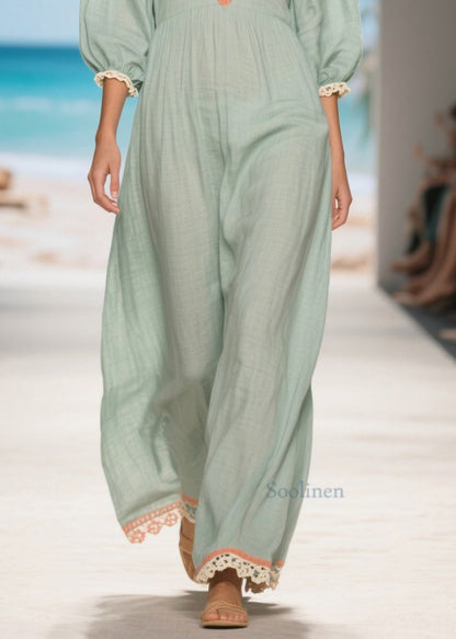 Light Blue V Neck Patchwork Lace Linen Long Dress Summer