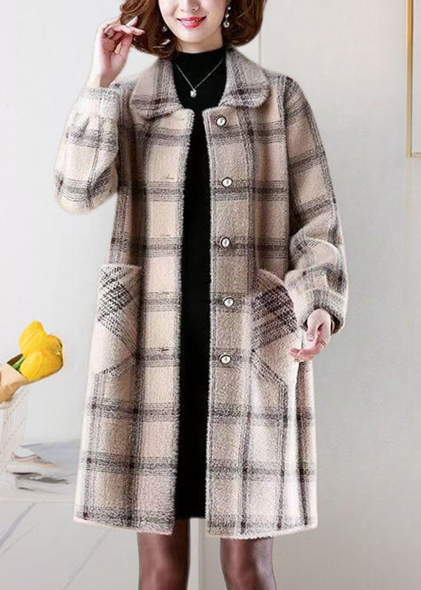 Light Camel Peter Pan Collar Pockets Plaid Mink Hair Knitted Coats Winter