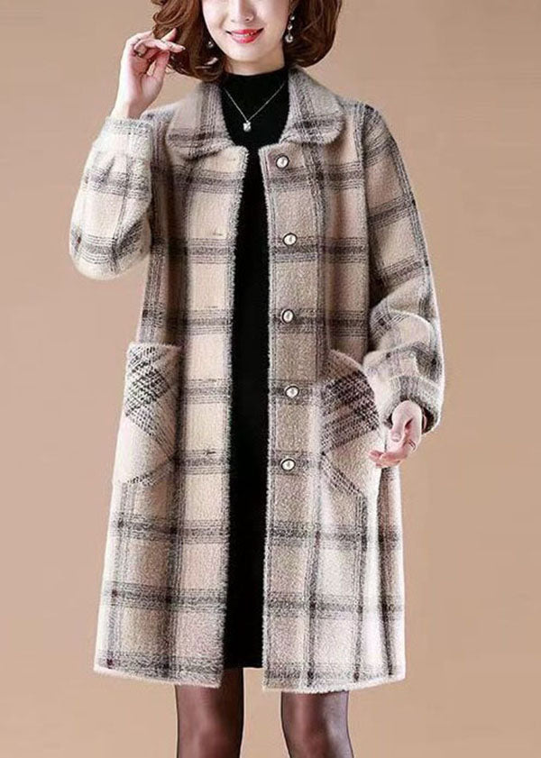 Light Camel Peter Pan Collar Pockets Plaid Mink Hair Knitted Coats Winter