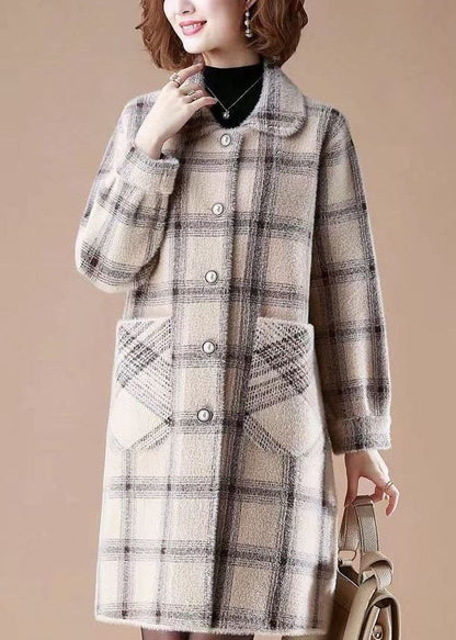 Light Camel Peter Pan Collar Pockets Plaid Mink Hair Knitted Coats Winter