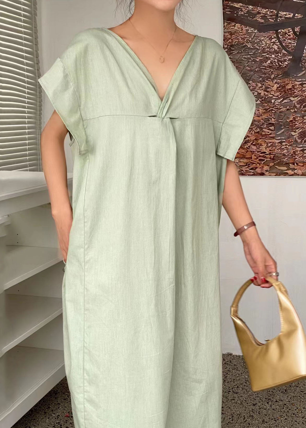 Light Green V Neck Wrinkled Patchwork Cotton Dresses Summer