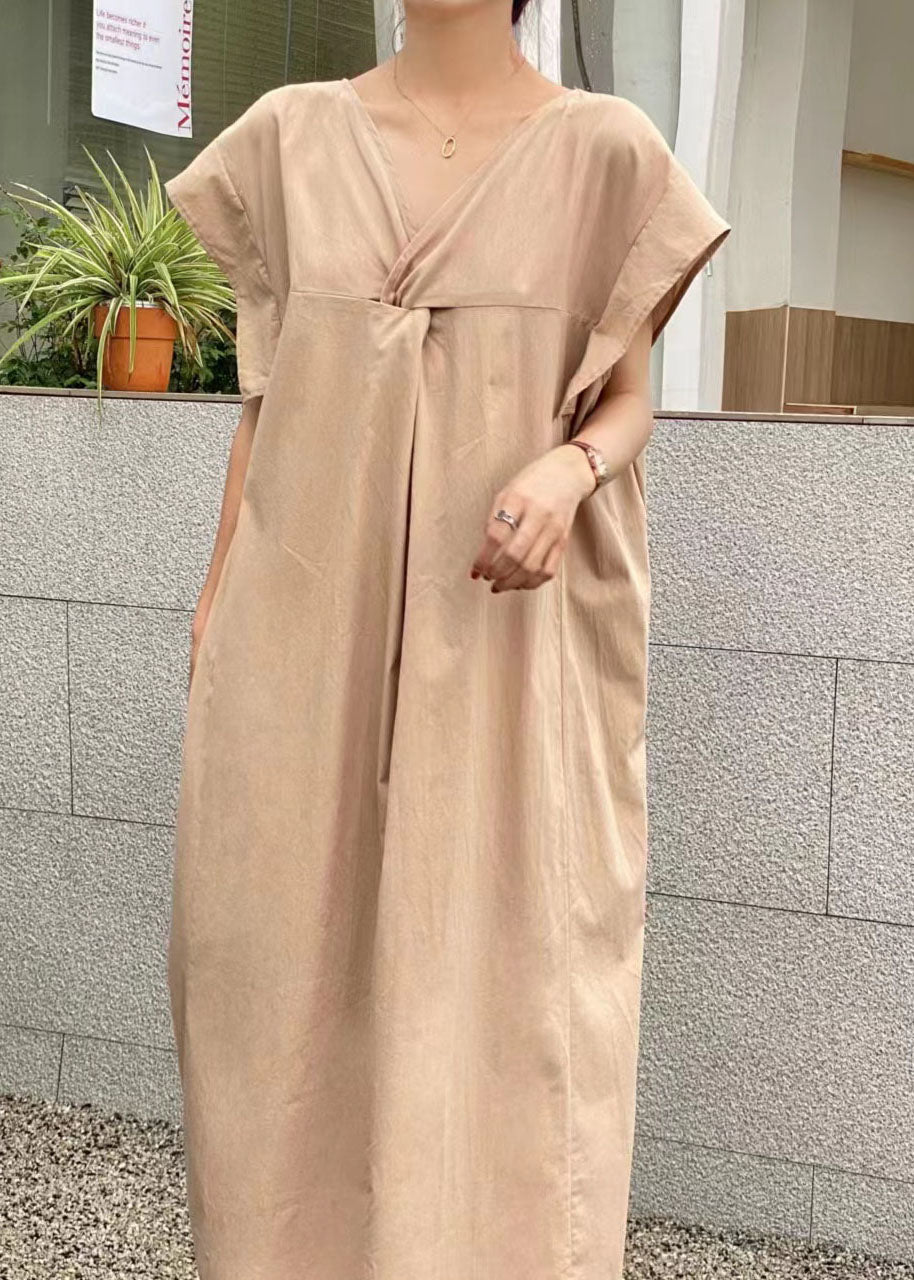 Light Green V Neck Wrinkled Patchwork Cotton Dresses Summer