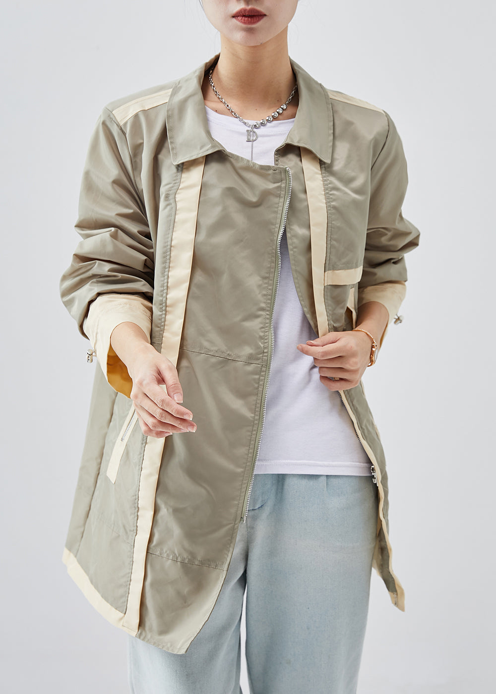 Light Green Zip Up Patchwork Cotton Trench Spring