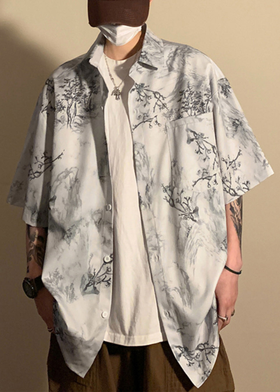 Light Grey Button Print Pockets Ice Silk Shirt Half Sleeve