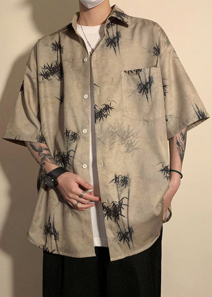 Light Grey Button Print Pockets Ice Silk Shirt Half Sleeve