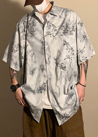 Light Grey Button Print Pockets Ice Silk Shirt Half Sleeve