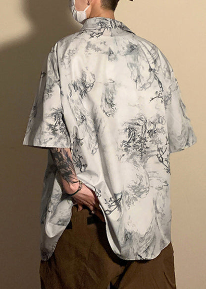 Light Grey Button Print Pockets Ice Silk Shirt Half Sleeve