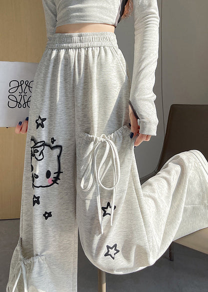Light Grey Elastic Waist Print Pockets Cotton Pants Spring