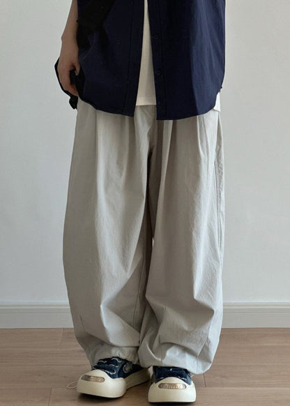 Light Grey Pockets Drawstring Cotton Wide Leg Pants Summer