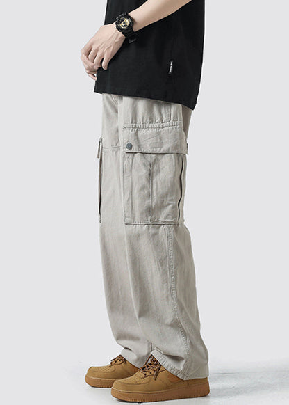 Light Grey Pockets High Waist Cotton Crop Pants Spring