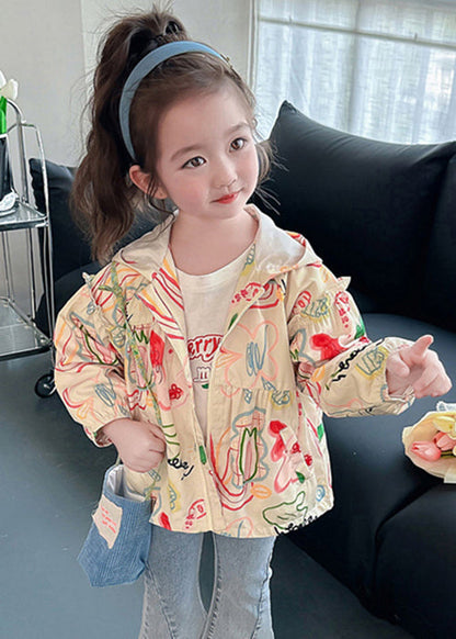 Light Khaki Hooded Print Pockets Cotton Coat Fall
